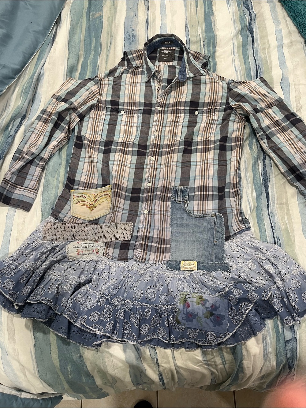 Upcycled Blue Plaid Button-Down Tunic with Patchwork Ruffle Hem